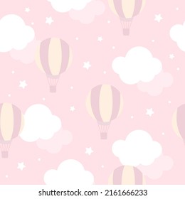 Vector seamless pattern with clouds, stars and balloons. Hand-drawn children's wallpaper, print for clothes, textiles. 3d wallpaper on a pink background.