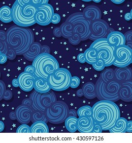 Vector Seamless Pattern With Clouds And Stars. Beautiful Night Sky Background