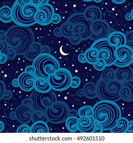 Vector Seamless Pattern With Clouds And Stars. Beautiful Night Sky Background