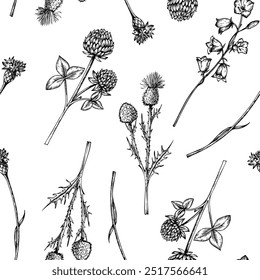 Vektor nahtloses Muster mit Klee und Blauglocke, Burdock Wildblumen. Handgemalte Wiesenblumen. Grafische Folie einzeln auf Hintergrund. Botanische und Hochzeits-Illustration. Für Designer, Einladung