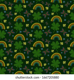 Vector seamless pattern with clover leaves, rainbow, butterflies on a green background. Suitable for St. Patrick's Day or spring design.