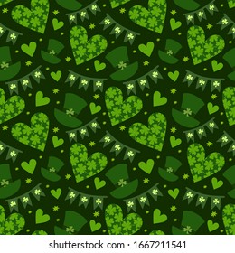Vector seamless pattern with clover leaves on a green background. Suitable for St. Patrick's Day or spring design. For the design of fabric, wrapping paper, wallpaper.