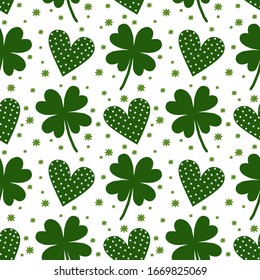 Vector seamless pattern with clover leaves on a green background. Suitable for St. Patrick's Day or spring design. For the design of fabric, wrapping paper, wallpaper.