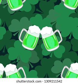Vector of seamless pattern with clowerleaves and clinking mugs with green beer.St. Patrick`s day background
