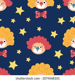 Vector seamless pattern with clown faces and stars. Circus artist avatars repeat background. Amusement holiday digital paper. Cute funny festival texture with street show comedians
