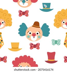Vector seamless pattern with clown faces. Circus artists avatars repeat background. Amusement holiday digital paper. Cute funny festival texture with street show comedians, bow tie, hat, wig
