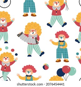 Vector seamless pattern with clowns. Circus artists repeat background. Amusement holiday digital paper. Cute funny festival or street show comedians texture
