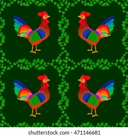 Vector seamless pattern of cock on green background. Hand drawn. Seamless floral background.