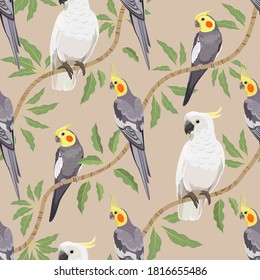 Vector seamless pattern with Cockatiel and Cockatoo parrots on the branches with leaves