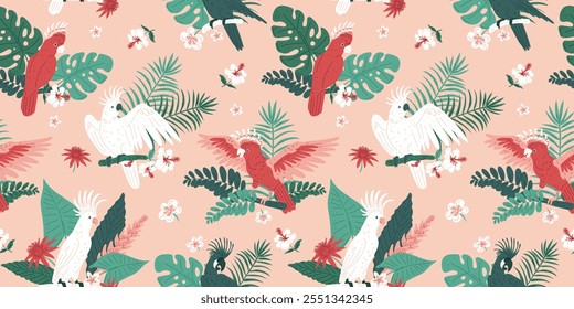 Vector seamless pattern cockatoo parrots on a pink background with monstera, fern leaves. An illustration of colorful parrots with a crest and colorful feathers