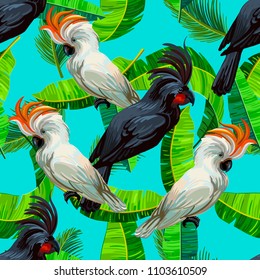 Vector seamless pattern with cockatoos and falling banana leaves. Colorful illustration in realistic style. Exotic birds and plants.