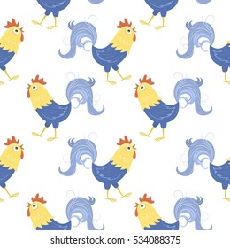 Vector seamless pattern with cocks. Symbol of the year. 