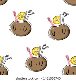 Vector seamless pattern with cocktail in coconut. Flat, Doodle style
