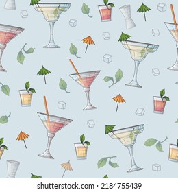 Vector seamless pattern with cocktail, ice, mint, decorative umbrella. Hand-drawn bright illustration for fabric, packaging design, decoration of cover, textile, bar design, wrapping paper.