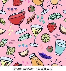 Vector seamless pattern with cocktails. Doodle background with beverages. Design for a summer beach party, bar menu of alcohol drinks.