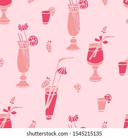 Vector seamless pattern with cocktails on pink background. Print for fabric, wrapping papers, wallpapers, fabric, covers, scrapbooking. 