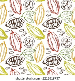 Vector seamless pattern with cocoa beans and leaves on a white background. 