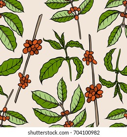 Vector seamless pattern of cocoa beans and leaves. Hand drawn colored engraved art. design your fashion care products, branding, identity, advertisement, promotion.
