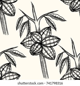Vector seamless pattern of cocoa beans and leaves. Hand drawn engraved art. Healthy beauty hair nutrition. design your fashion care products, branding, identity, advertisement, promotion.