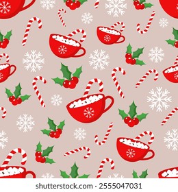 Vector seamless pattern with a cocoa cup, candy cane, snowflake and Christmas plant