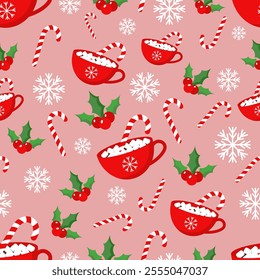 Vector seamless pattern with a cocoa cup, candy cane, snowflake and Christmas plant