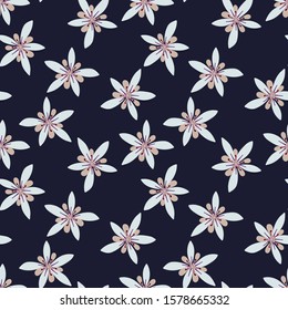 Vector Seamless pattern of cocoa flowers on a dark blue background. Hand drawn botanical pattern.