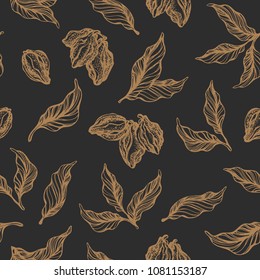 Vector seamless pattern of cocoa tree branch with leaf, bean. Botanical hand drawn design. Tropical realistic nature style Organic plant food Sketch illustration, vintage background for print, textile