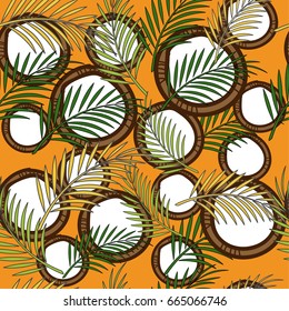 Vector seamless pattern with coconut fruit and leaves. Tropical abstract background in flat style.
