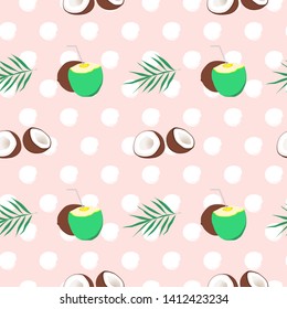 Vector seamless pattern with coconut and tropical leaves on polka dots backdrop. Exotic fashion background. For textile, design banners, wrapping paper, print on clothes, wallpaper.