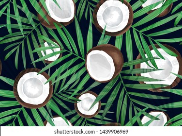 Vector seamless pattern with coconut. Tropical background with exotic fruits. Summer illustration. Coconut all over print. Palm frond. Tropical leaves, Jungle plants.