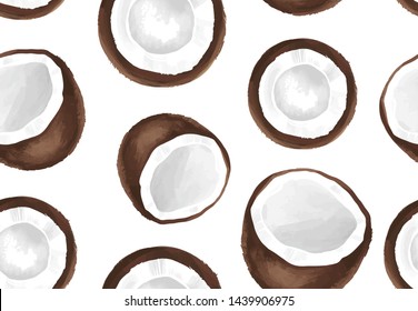 Vector seamless pattern with coconut. Tropical background with exotic fruits. Healthy food illustration. Coconut all over print.