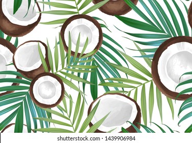 Vector seamless pattern with coconut. Tropical background with exotic fruits. Summer illustration. Coconut all over print. Palm frond. Tropical leaves, Jungle plants.