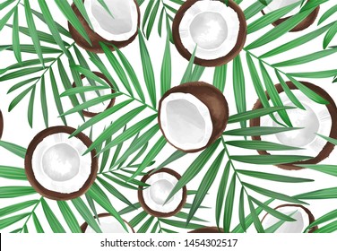 Vector seamless pattern with coconut. Tropical background with exotic fruits. Summer illustration. Coconut all over print. Palm frond. Tropical leaves, Jungle plants.