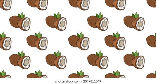 Vector seamless pattern with coconuts, hand drawn coconut, background template, white backdrop, coconut illustration.
