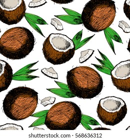 Vector seamless pattern of coconuts, slices and leaves. Hand drawn colored engraved art. Healthy beauty hair nutrition. design your fashion care products, branding, identity, advertisement, promotion.