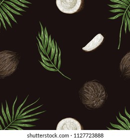 Vector seamless pattern with coconuts and tropical leaves. Whole coconut and piece. Background  to use for backdrop, textile, wrapping paper, wall posters.