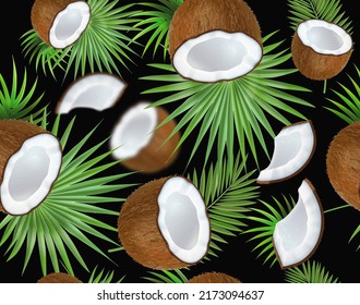 Vector seamless pattern with coconuts and tropical leaves. Exotic fruits on black background. Jungle pattern with a realistic half of coconut .