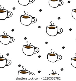 Vector seamless pattern with coffee and coffee beans on white background
