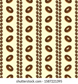 Vector seamless pattern with coffee beans and chocolate donuts; tasty background for package, wrapping paper, wallpaper, fabric, textile, web design.