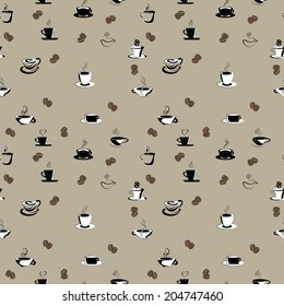 Vector seamless pattern with coffee beans and cups
