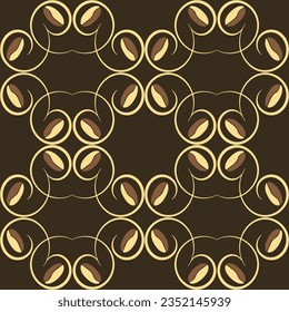 Vector seamless pattern of coffee beans, decorated with swirls.