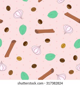 Vector seamless pattern with coffee beans, meringues, mint leaves and cinnamon sticks on pink background with polka dot