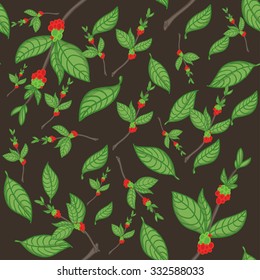 Vector seamless pattern with coffee beans and coffee branches. Leaves of coffee tree and branch. A lot of green leaves and red coffee beans on dark background.