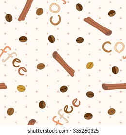 Vector seamless pattern with coffee beans, cinnamon sticks and word coffee on beige background with polka dot