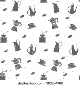 Vector seamless pattern with coffee beans and kitchenware