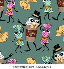 Vector seamless pattern with coffee and candies.  