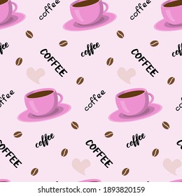 Vector seamless pattern with coffee cup, lettering and beans. Beautiful print in pink tones. Background for textile, clothes, coffee shops, cafe and decor. Cute illustration. 