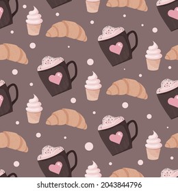 Vector seamless pattern with coffee cup, cupcake and croissant on a dark background