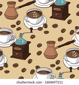 Vector seamless pattern with coffee cups, coffee grinder, coffee fryer, coffee beans.