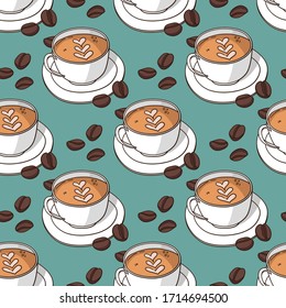 Vector seamless pattern with coffee cups and coffee beans